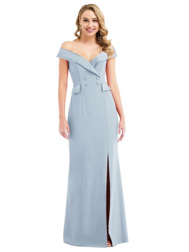 Vendeurs de Bleu ciel clair Trompette Épaule Dénudée Crêpe Stretch Longue Robes demoiselle d'honneur / Robes de bal