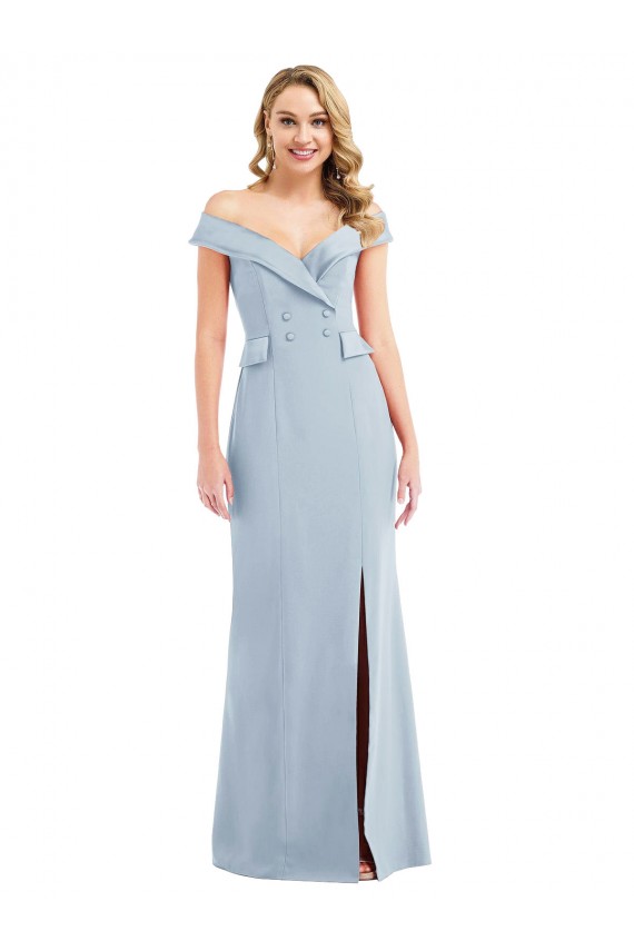 Vendeurs de Bleu ciel clair Trompette Épaule Dénudée Crêpe Stretch Longue Robes demoiselle d'honneur / Robes de bal