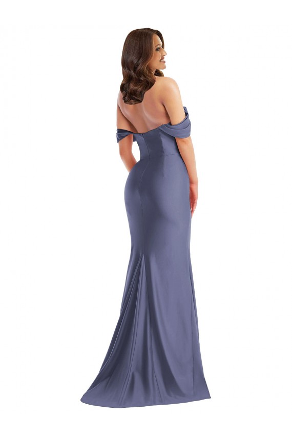 Vendeurs de Bleu français Sirène Épaule Dénudée Satiné Soyeux Longue Formelles Robes demoiselle d'honneur / Robes de soirée / Robes de bal