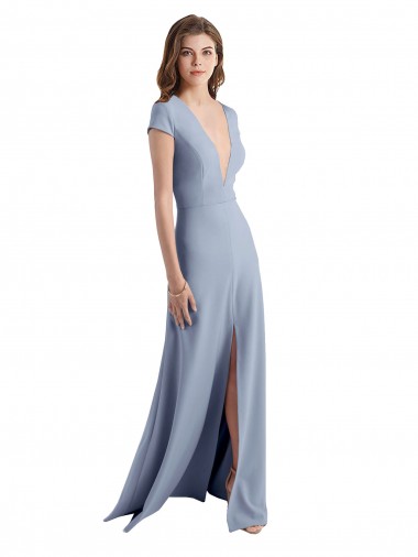 Vendeurs de Bleu fumée Fourreau Col V Crêpe Stretch Longue Robes demoiselle d'honneur / Robes de bal