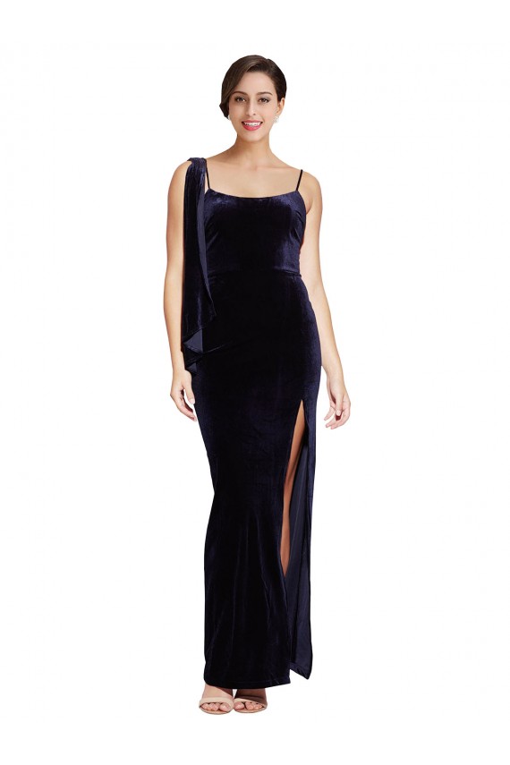 Vendeurs de Bleu marine foncé Fourreau Bretelles spaghetti Col Carré Velours Stretch Longue Formelles Robes demoiselle d'honneur / Robes de soirée / Robes de bal