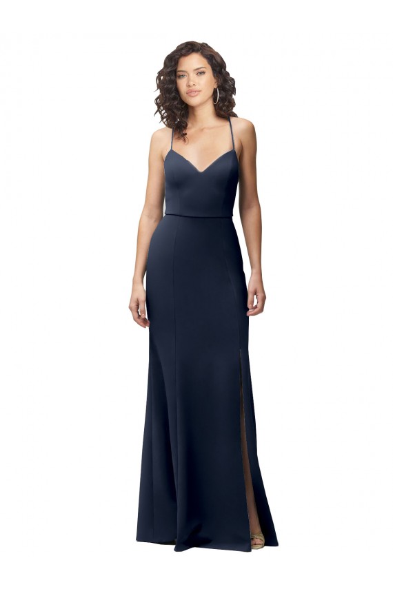 Vendeurs de Bleu marine foncé Fourreau Bretelles spaghetti Crêpe Stretch Longue Formelles Robes demoiselle d'honneur / Robes de soirée / Robes de bal