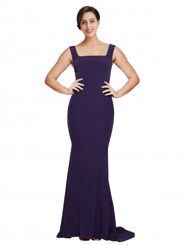 Vendeurs de Bleu marine foncé Fourreau Col Carré Balayage train Crêpe Stretch Longue Robes demoiselle d'honneur / Robes de bal