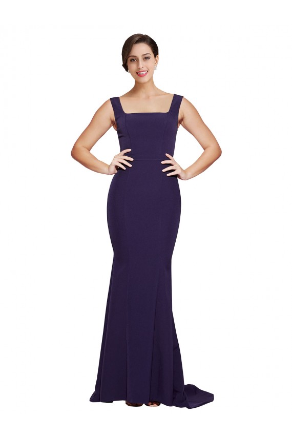 Vendeurs de Bleu marine foncé Fourreau Col Carré Balayage train Crêpe Stretch Longue Robes demoiselle d'honneur / Robes de bal