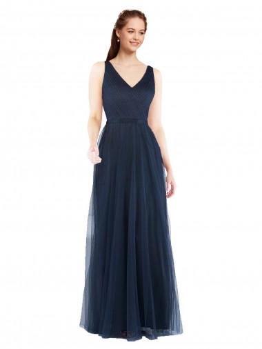Vendeurs de Bleu marine foncé Fourreau Col V Tulle Longue Robes demoiselle d'honneur