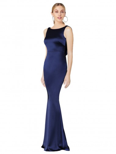 Vendeurs de Bleu marine foncé Fourreau Licou Col Haut Satiné Stretch Longue Formelles Robes demoiselle d'honneur / Robes de soirée / Robes de bal