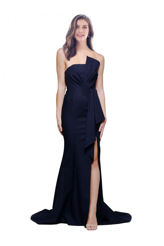 Vendeurs de Bleu marine foncé Fourreau Sans bretelle Balayage train Crêpe Stretch Longue Robes demoiselle d'honneur / Robes de bal