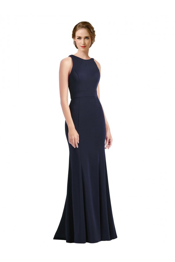Vendeurs de Bleu marine foncé Fourreau Scoop Col Haut Crêpe Stretch Longue Robes demoiselle d'honneur / Robes de bal