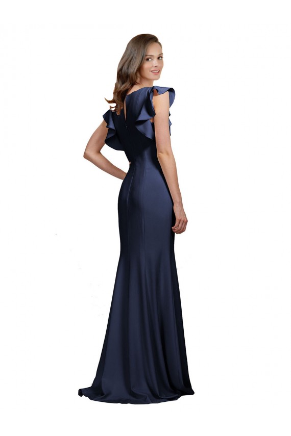 Vendeurs de Bleu marine foncé Sirène Bateau Crêpe Stretch Longue Robes demoiselle d'honneur / Robes de bal