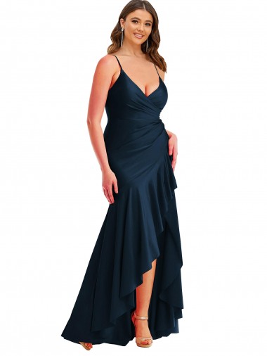 Vendeurs de Bleu marine foncé Sirène Bretelles spaghetti Satiné Soyeux Longue Asymétrique Formelles Robes demoiselle d'honneur / Robes de soirée / Robes de bal