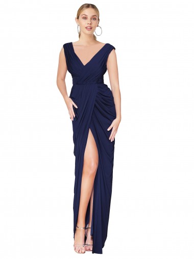 Vendeurs de Bleu marine foncé Sirène Col V Mousseline Longue Formelles Robes demoiselle d'honneur / Robes de soirée / Robes de bal