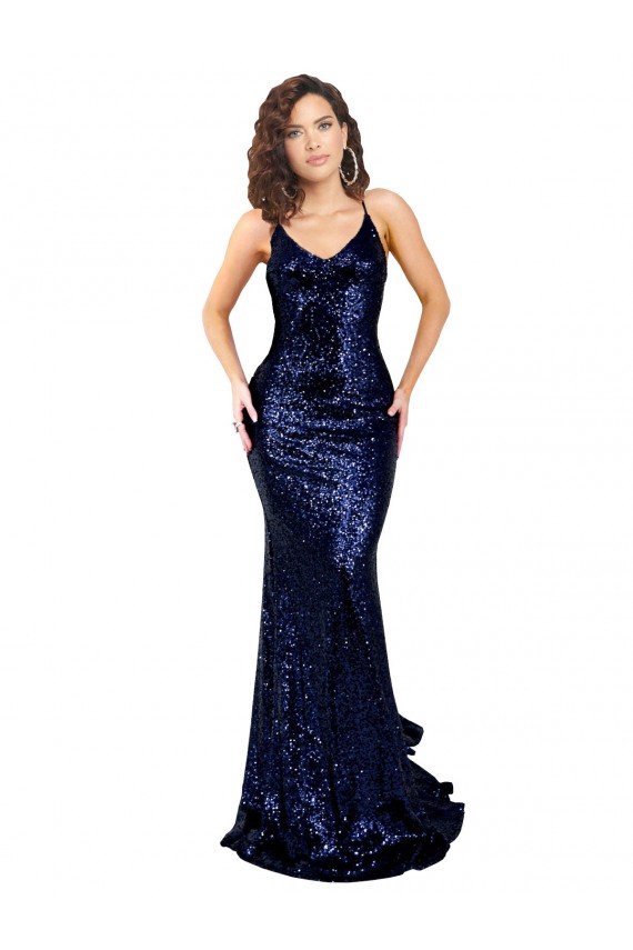 Vendeurs de Bleu marine foncé Sirène Col V Paillette Longue Formelles Robes demoiselle d'honneur / Robes de soirée / Robes de bal