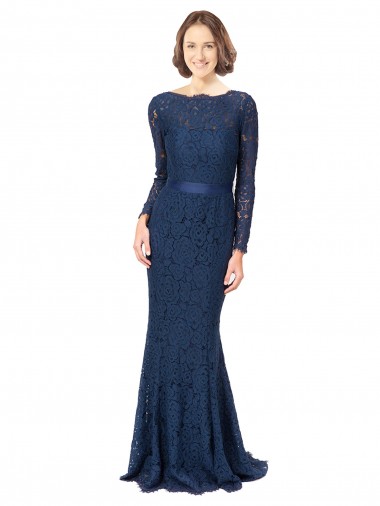 Vendeurs de Bleu marine foncé Sirène Col bijou Balayage train Dentelle Longue Robes demoiselle d'honneur