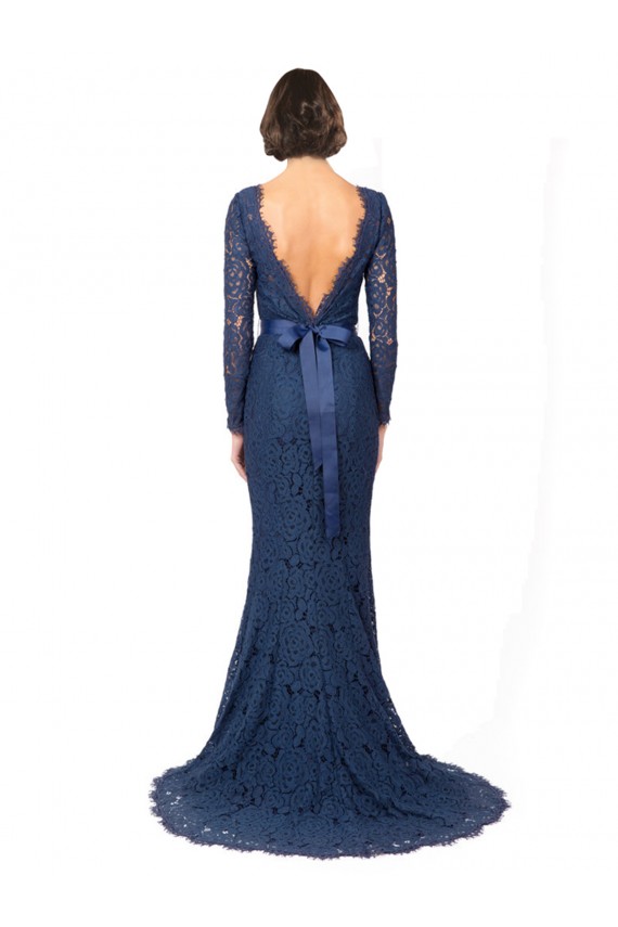 Vendeurs de Bleu marine foncé Sirène Col bijou Balayage train Dentelle Longue Robes demoiselle d'honneur