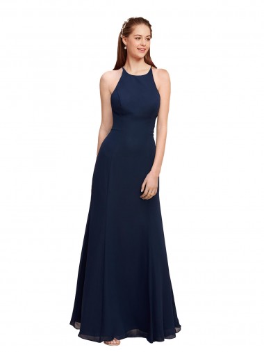 Vendeurs de Bleu marine foncé Sirène Licou Col Haut Mousseline Longue Robes demoiselle d'honneur / Robes de bal