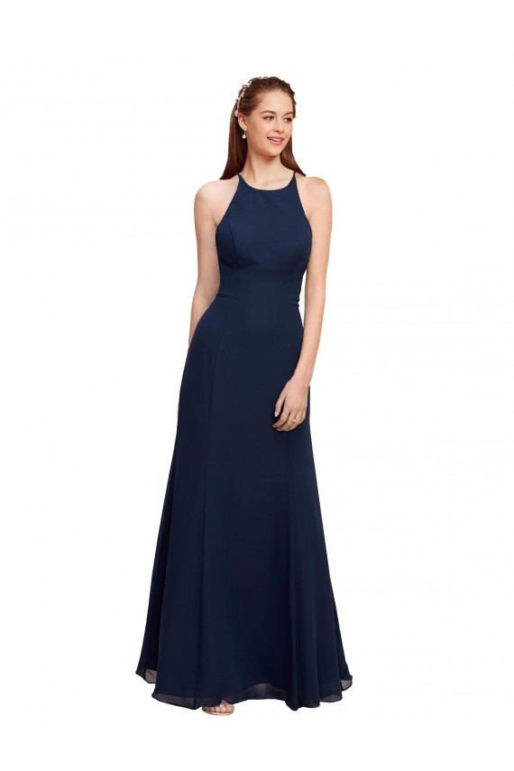 Vendeurs de Bleu marine foncé Sirène Licou Col Haut Mousseline Longue Robes demoiselle d'honneur / Robes de bal
