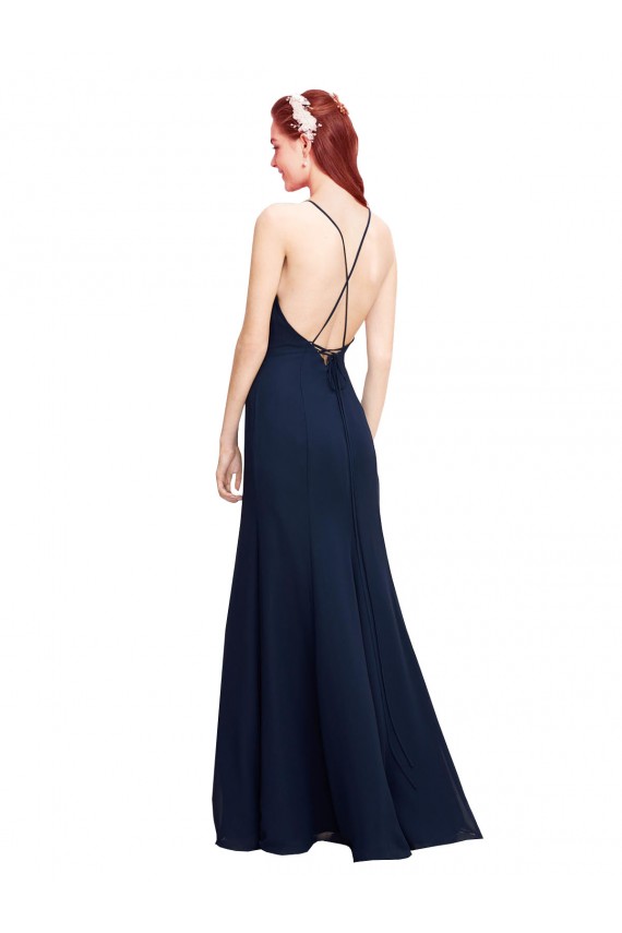 Vendeurs de Bleu marine foncé Sirène Licou Col Haut Mousseline Longue Robes demoiselle d'honneur / Robes de bal