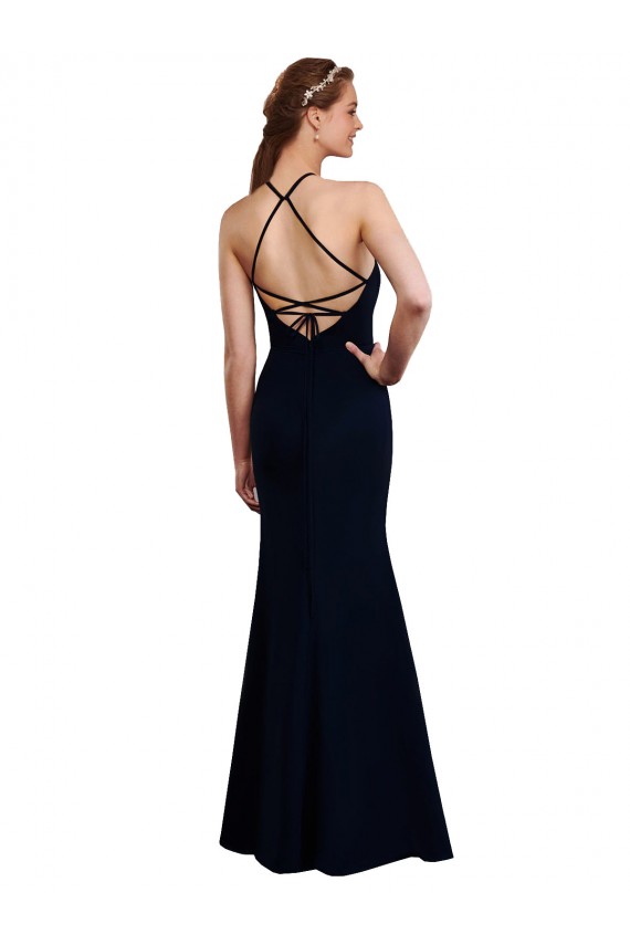 Vendeurs de Bleu marine foncé Sirène Licou Mousseline Longue Robes demoiselle d'honneur