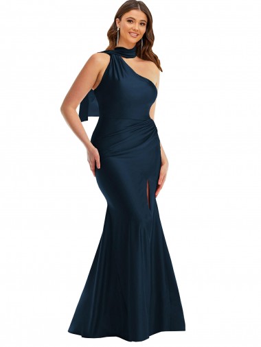Vendeurs de Bleu marine foncé Sirène Licou Satiné Soyeux Longue Formelles Robes demoiselle d'honneur / Robes de soirée / Robes de bal