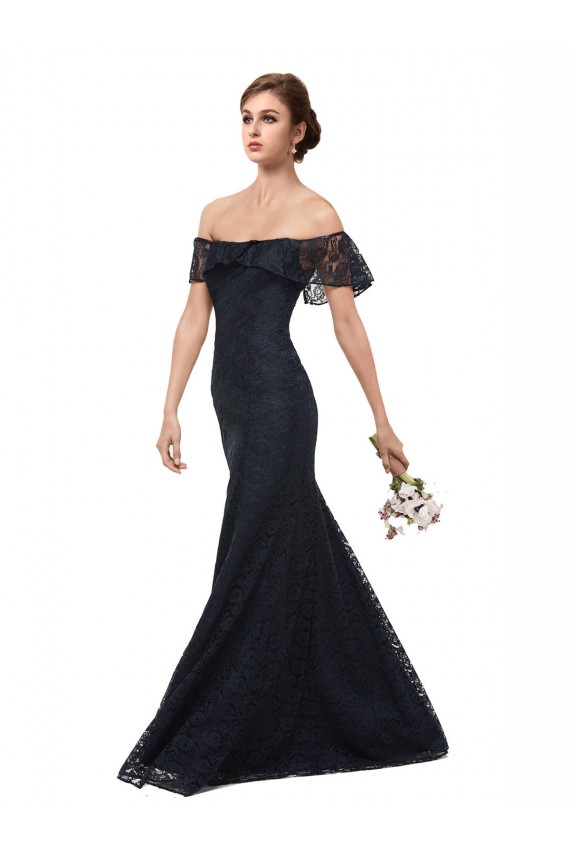 Vendeurs de Bleu marine foncé Sirène Épaule Dénudée Dentelle Longue Robes demoiselle d'honneur / Robes de bal