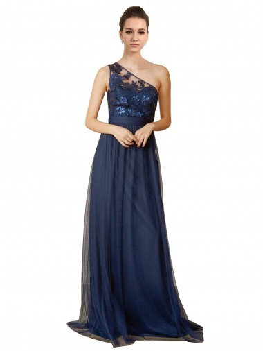 Vendeurs de Bleu marine foncé Trapèze Balayage train Tulle Longue Robes demoiselle d'honneur