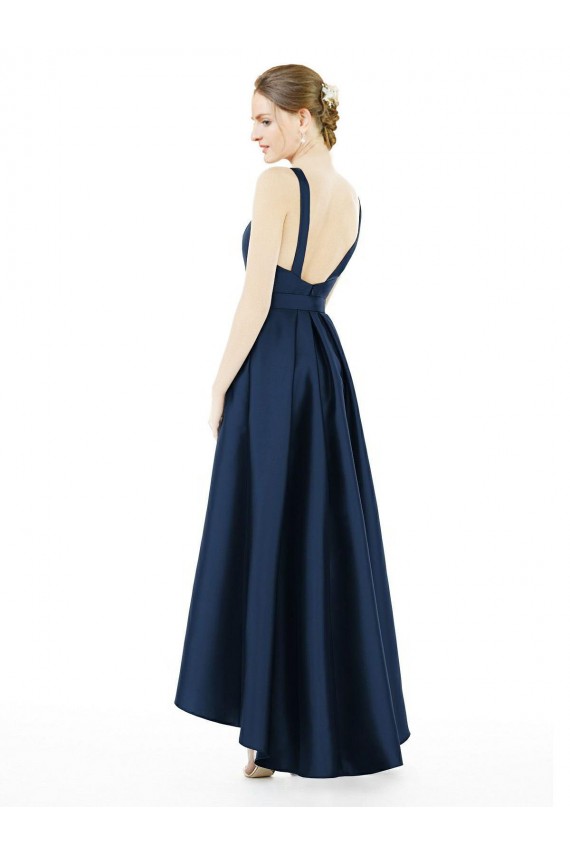 Vendeurs de Bleu marine foncé Trapèze Bateau Satiné Longue Asymétrique Robes demoiselle d'honneur