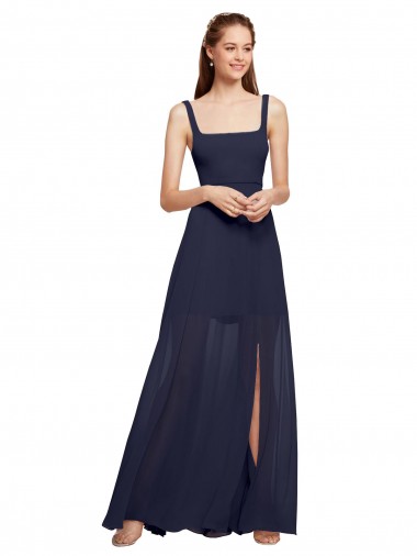 Vendeurs de Bleu marine foncé Trapèze Bretelles spaghetti Col Carré Mousseline Longue Robes demoiselle d'honneur