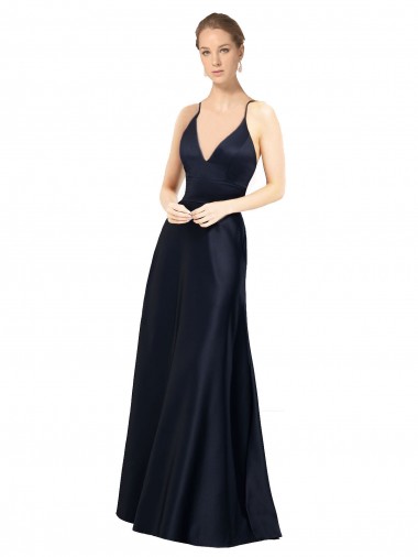 Vendeurs de Bleu marine foncé Trapèze Bretelles spaghetti Col V Satiné Longue Robes demoiselle d'honneur / Robes de bal