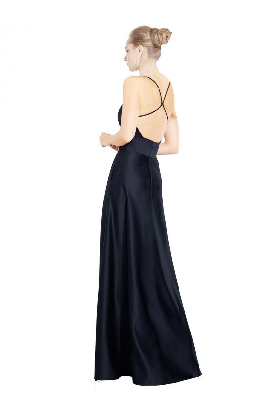 Vendeurs de Bleu marine foncé Trapèze Bretelles spaghetti Col V Satiné Longue Robes demoiselle d'honneur / Robes de bal