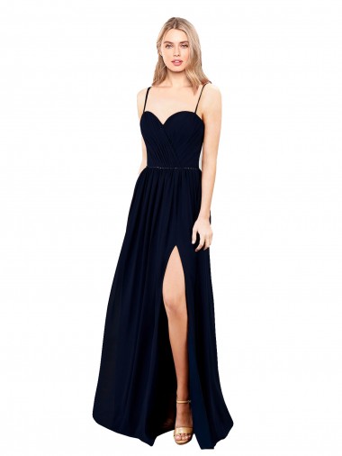 Vendeurs de Bleu marine foncé Trapèze Bretelles spaghetti Mousseline Longue Formelles Robes demoiselle d'honneur / Robes de soirée