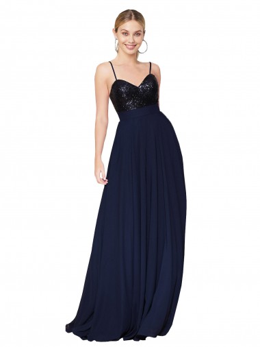 Vendeurs de Bleu marine foncé Trapèze Bretelles spaghetti Mousseline Paillette Longue Robes demoiselle d'honneur / Robes de bal