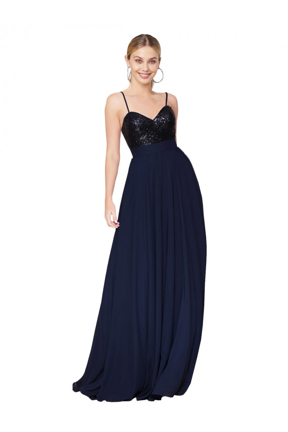 Vendeurs de Bleu marine foncé Trapèze Bretelles spaghetti Mousseline Paillette Longue Robes demoiselle d'honneur / Robes de bal