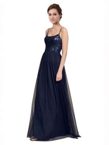 Vendeurs de Bleu marine foncé Trapèze Bretelles spaghetti Tulle Dentelle Longue Robes demoiselle d'honneur