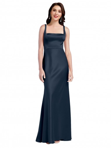 Vendeurs de Bleu marine foncé Trapèze Col Carré Satiné Stretch Longue Formelles Robes demoiselle d'honneur / Robes de soirée / Robes de bal