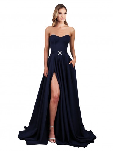 Vendeurs de Bleu marine foncé Trapèze Col Haut Crêpe Stretch Longue Formelles Robes demoiselle d'honneur / Robes de soirée / Robes de bal