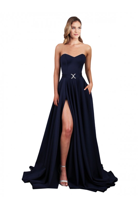 Vendeurs de Bleu marine foncé Trapèze Col Haut Crêpe Stretch Longue Formelles Robes demoiselle d'honneur / Robes de soirée / Robes de bal