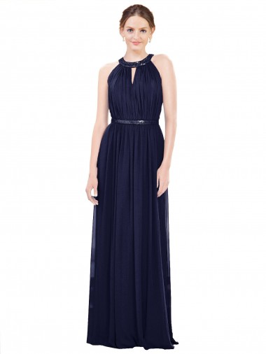 Vendeurs de Bleu marine foncé Trapèze Col Haut Mousseline Longue Robes demoiselle d'honneur