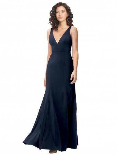 Vendeurs de Bleu marine foncé Trapèze Col V Crêpe Stretch Longue Formelles Robes demoiselle d'honneur / Robes de soirée / Robes de bal