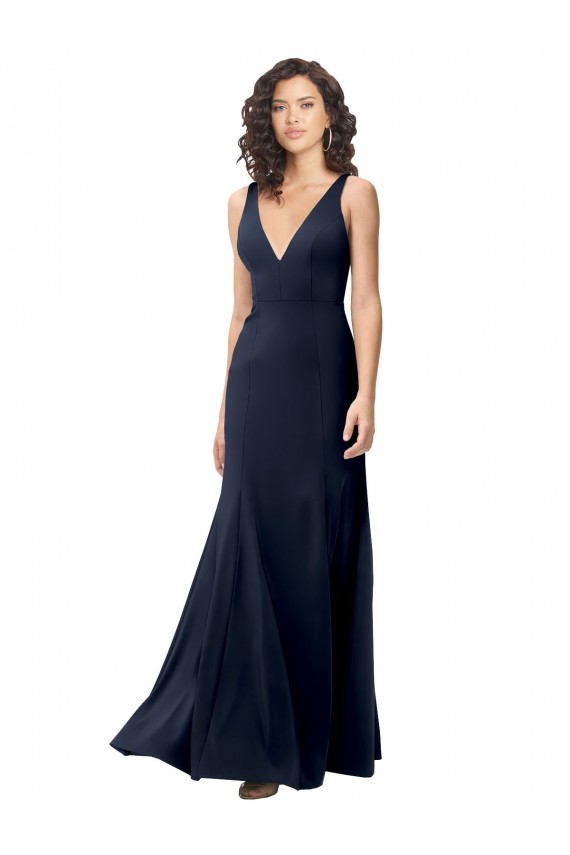 Vendeurs de Bleu marine foncé Trapèze Col V Crêpe Stretch Longue Formelles Robes demoiselle d'honneur / Robes de soirée / Robes de bal