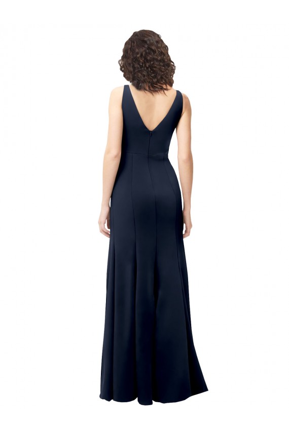 Vendeurs de Bleu marine foncé Trapèze Col V Crêpe Stretch Longue Formelles Robes demoiselle d'honneur / Robes de soirée / Robes de bal