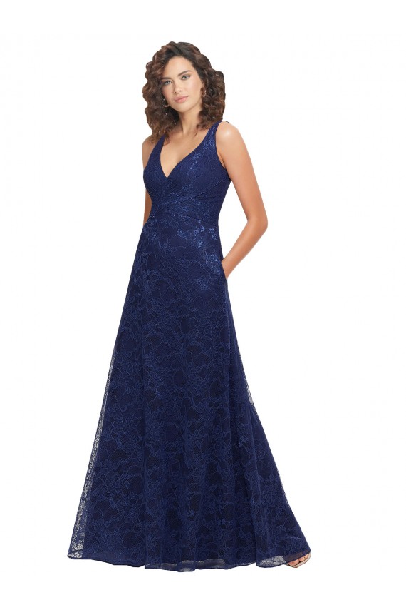 Vendeurs de Bleu marine foncé Trapèze Col V Dentelle Longue Robes demoiselle d'honneur