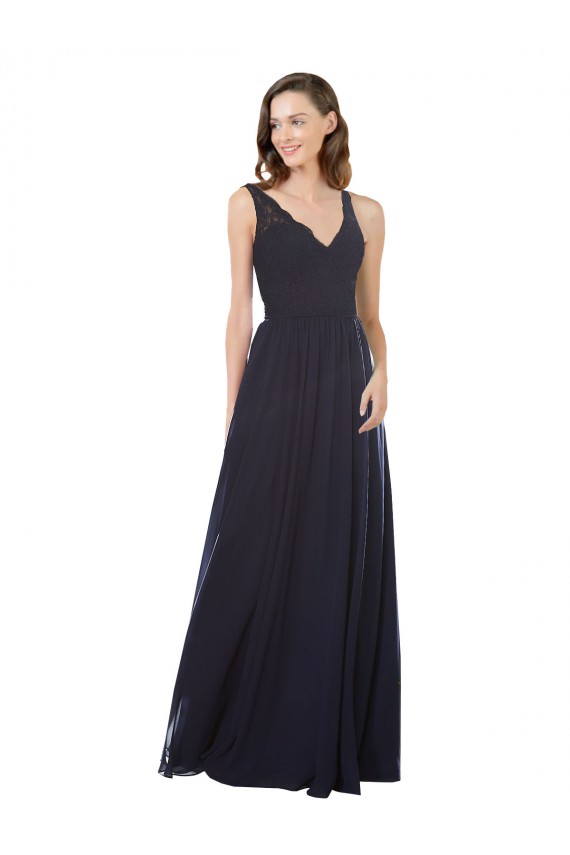 Vendeurs de Bleu marine foncé Trapèze Col V Mousseline Dentelle Longue Robes demoiselle d'honneur