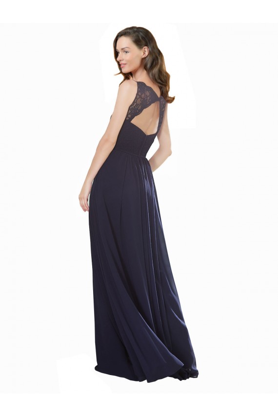 Vendeurs de Bleu marine foncé Trapèze Col V Mousseline Dentelle Longue Robes demoiselle d'honneur