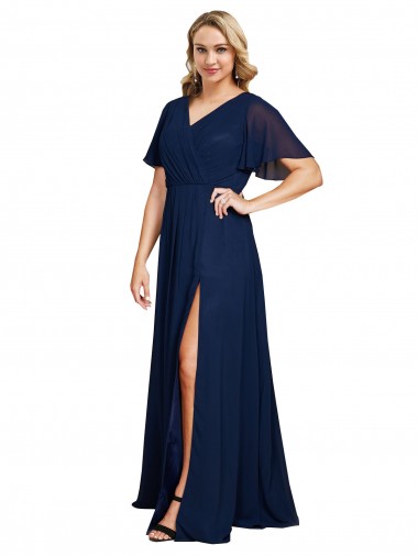 Vendeurs de Bleu marine foncé Trapèze Col V Mousseline Longue Formelles Robes demoiselle d'honneur / Robes de soirée / Robes de bal