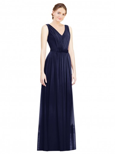 Vendeurs de Bleu marine foncé Trapèze Col V Mousseline Longue Robes demoiselle d'honneur
