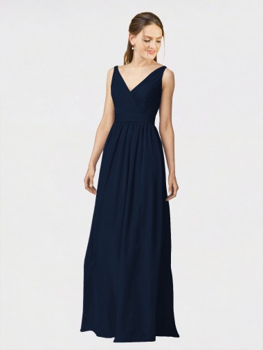Vendeurs de Bleu marine foncé Trapèze Col V Mousseline Longue Robes demoiselle d'honneur