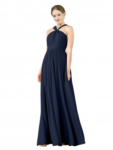 Vendeurs de Bleu marine foncé Trapèze Col V Mousseline Longue Robes demoiselle d'honneur