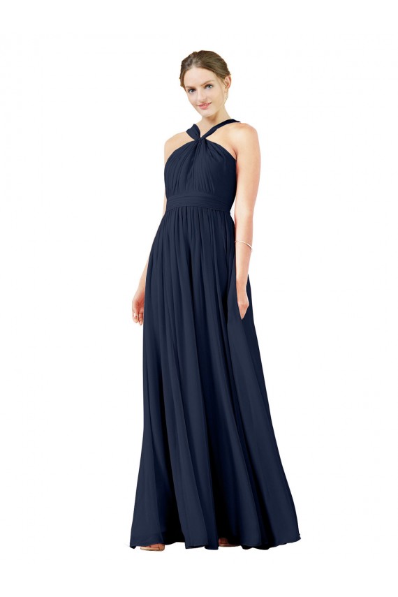 Vendeurs de Bleu marine foncé Trapèze Col V Mousseline Longue Robes demoiselle d'honneur