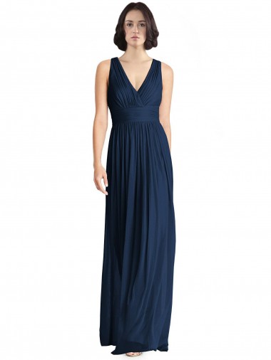 Vendeurs de Bleu marine foncé Trapèze Col V Mousseline Longue Robes demoiselle d'honneur