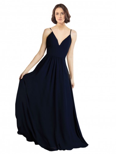 Vendeurs de Bleu marine foncé Trapèze Col V Mousseline Longue Robes demoiselle d'honneur